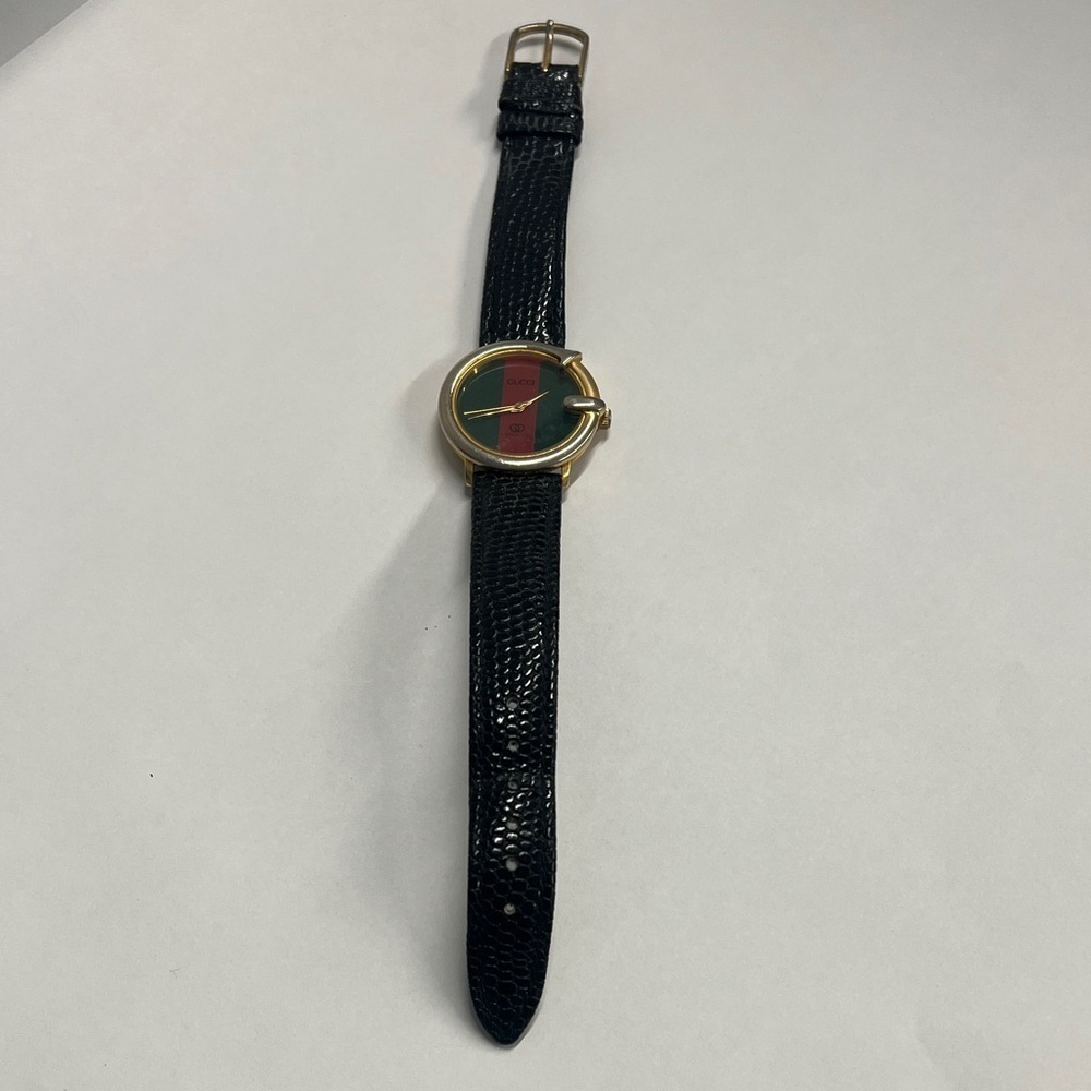 Vintage Watch Green-Red-Green Dial Black Lizard Embossed Leather Strap